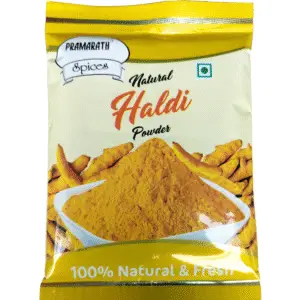 Pure Haldi Powder in bowl with turmeric roots – Pramarath